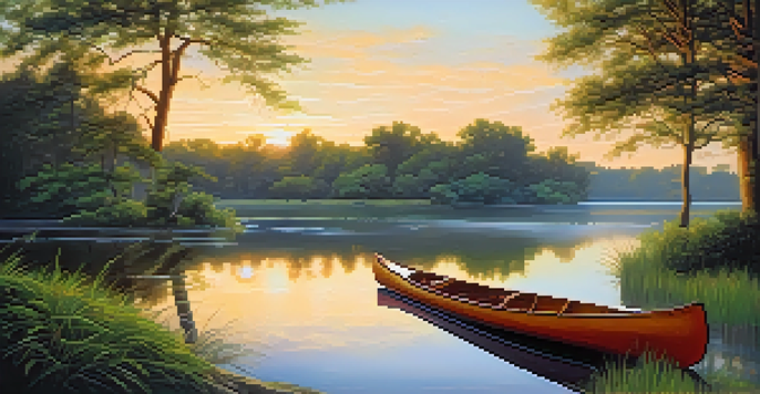 A peaceful river scene at sunset with a canoe by the bank, surrounded by greenery.