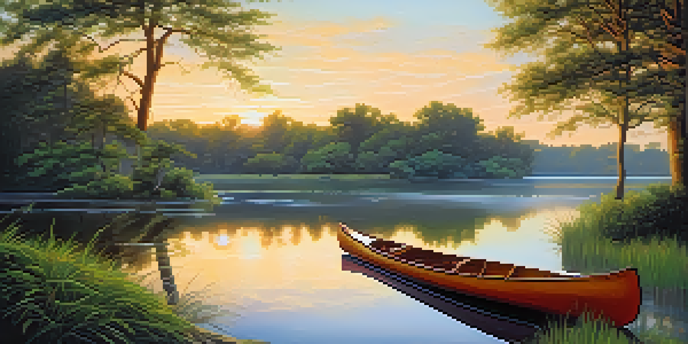 A peaceful river scene at sunset with a canoe by the bank, surrounded by greenery.