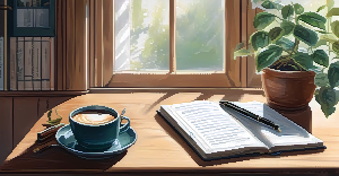 A peaceful workspace with a wooden desk, an open journal, a fountain pen, and a steaming cup of coffee, illuminated by soft morning light.