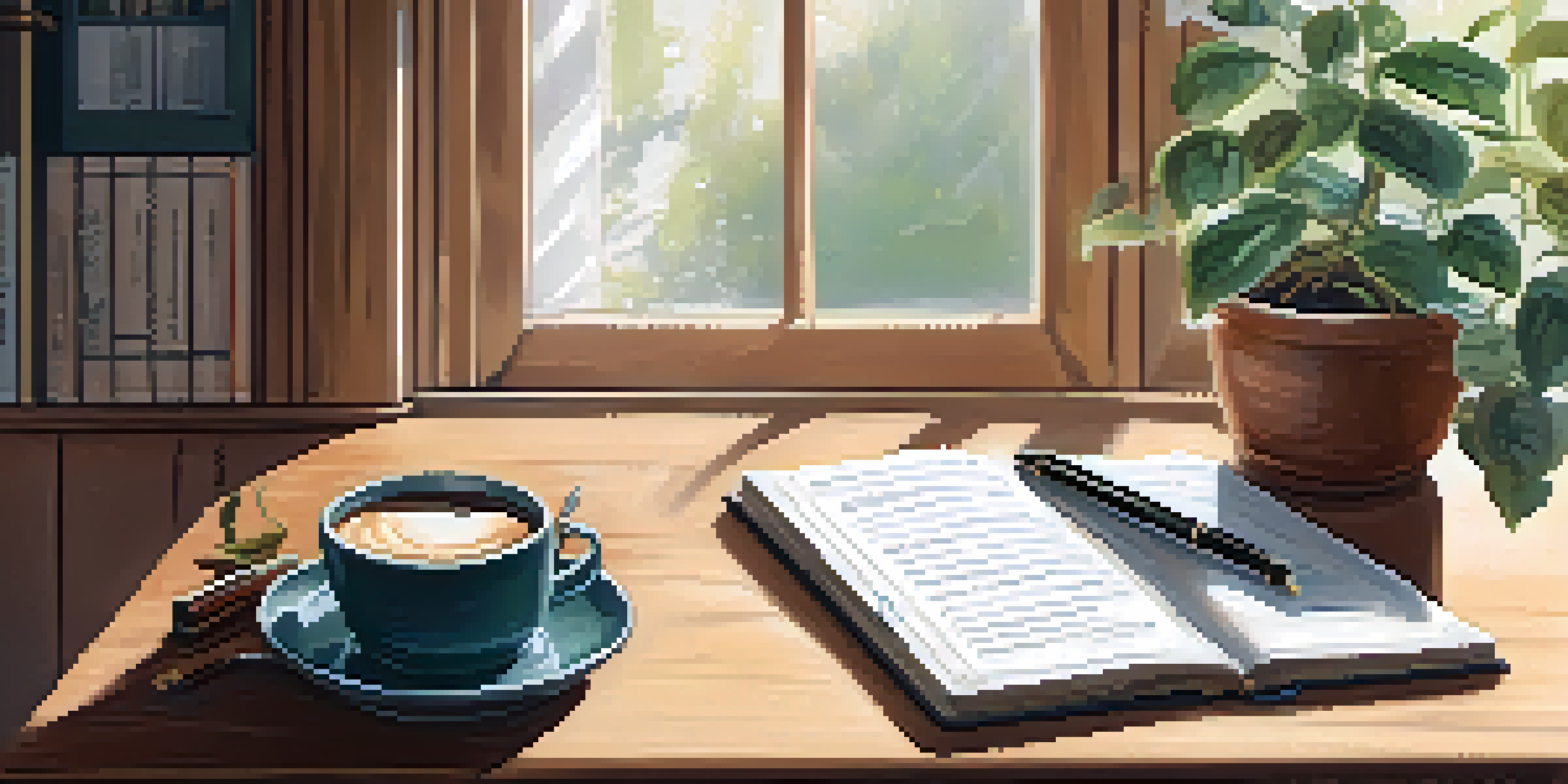 A peaceful workspace with a wooden desk, an open journal, a fountain pen, and a steaming cup of coffee, illuminated by soft morning light.