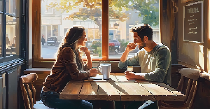 Two friends in a café discussing their goals over coffee, with a notepad visible on the table.