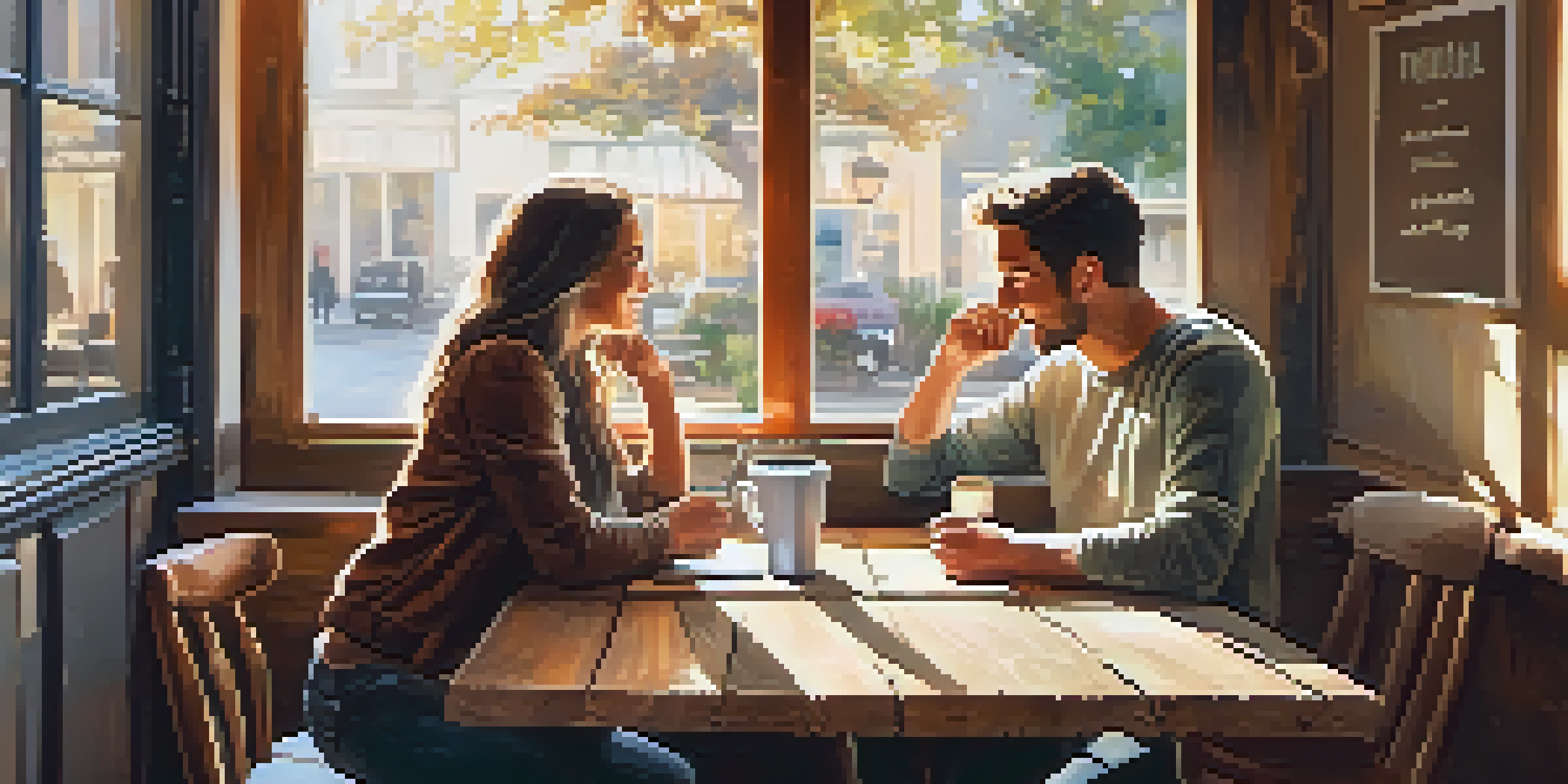 Two friends in a café discussing their goals over coffee, with a notepad visible on the table.