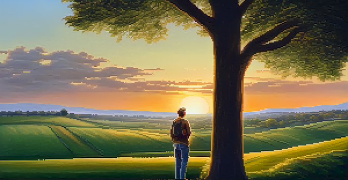 A person standing at a crossroads, holding a map, with a sunset in the background illuminating the landscape.