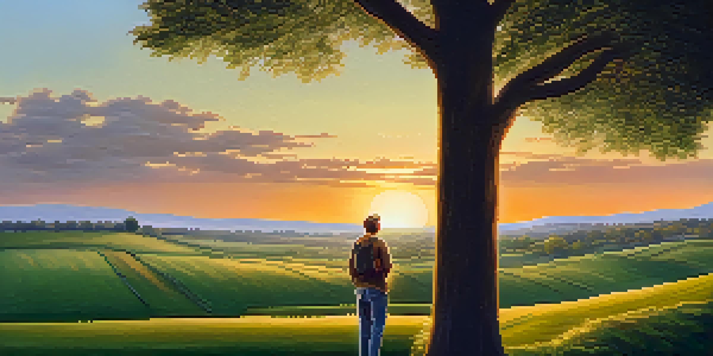 A person standing at a crossroads, holding a map, with a sunset in the background illuminating the landscape.