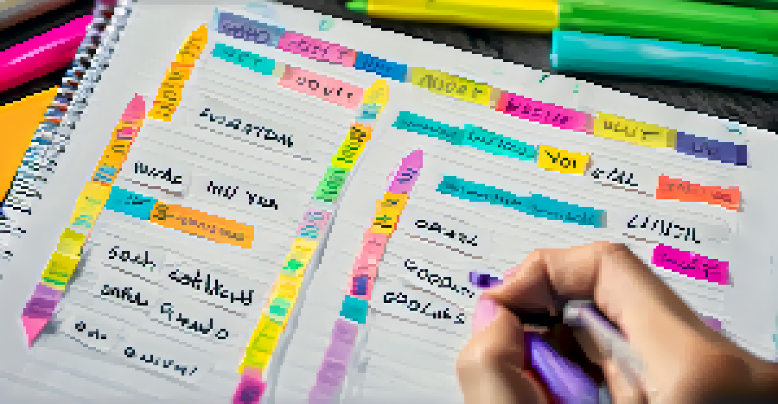 A hand writing in a planner with colorful pens and motivational quotes in the background, emphasizing goal setting.