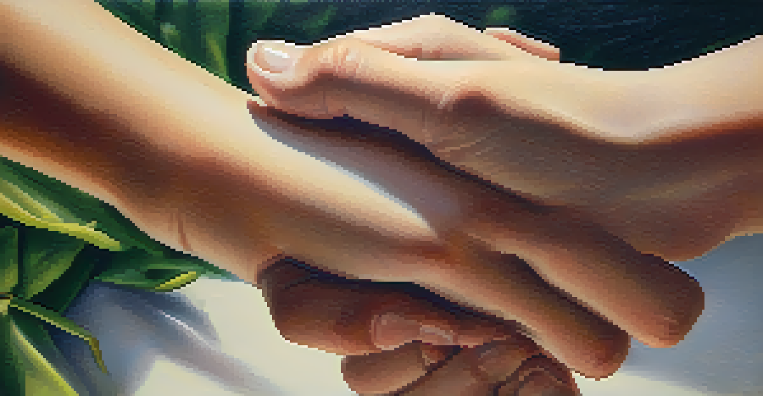 Close-up of two diverse hands clasping each other, symbolizing support and trust, with a softly blurred green background.