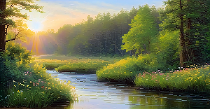 A tranquil forest at sunrise with a stream reflecting the golden light and wildflowers blooming, creating a peaceful atmosphere.