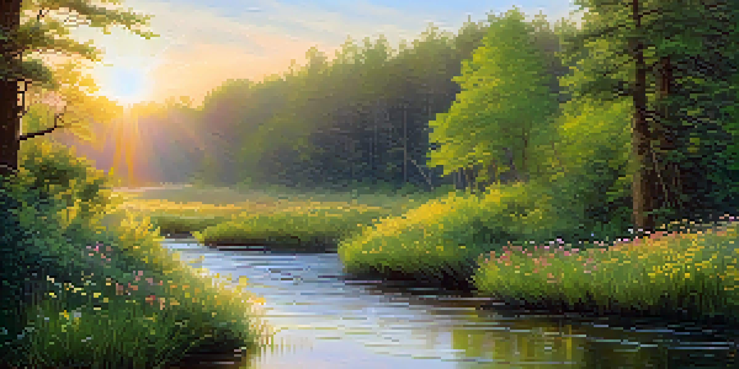 A tranquil forest at sunrise with a stream reflecting the golden light and wildflowers blooming, creating a peaceful atmosphere.