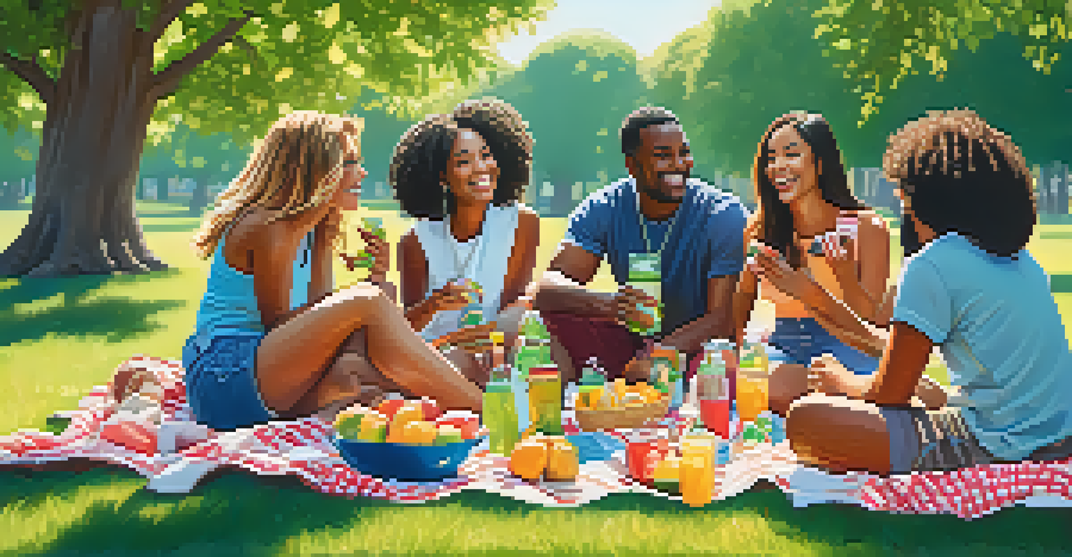 A diverse group of friends enjoying a picnic in the park, sharing laughter and food under the sun.