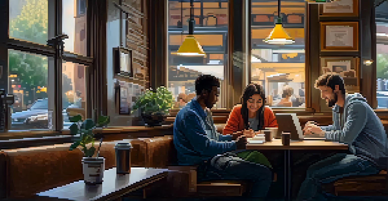 Two friends in a coffee shop discussing feedback with laptops and coffee on the table.