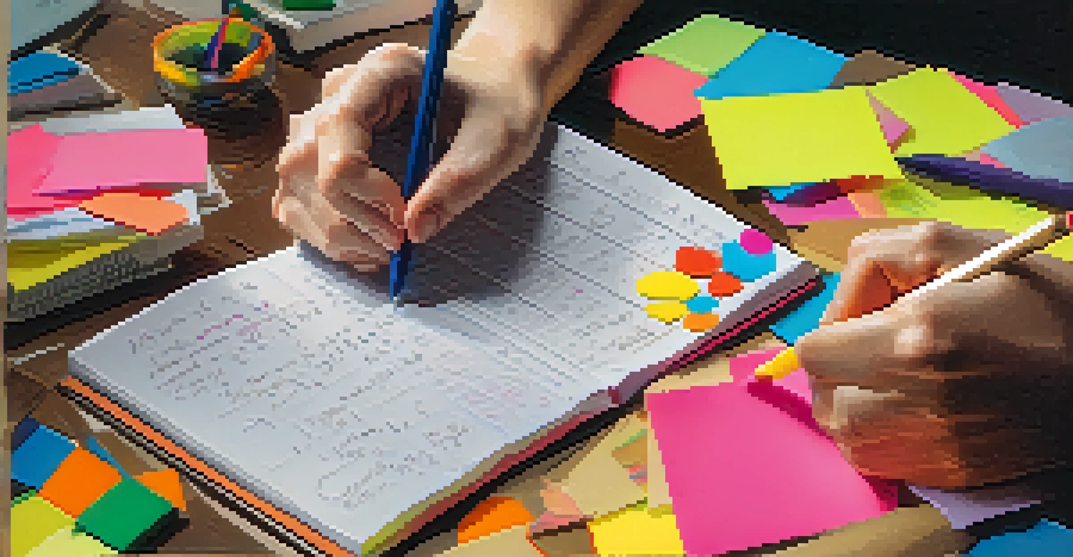 Close-up of hands writing in a thought record notebook with sticky notes and pens, showcasing the structured layout.