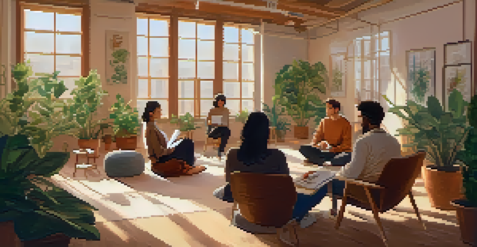 A cozy indoor workshop with a facilitator leading a small group of engaged participants sitting on cushions, surrounded by plants.