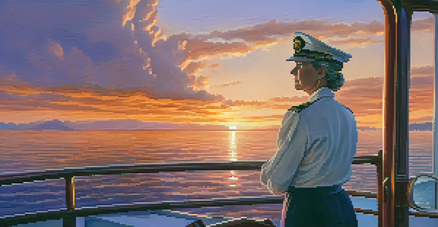A confident female ship captain at the helm during sunset, navigating calm waters with her crew in the background, symbolizing leadership and accountability.