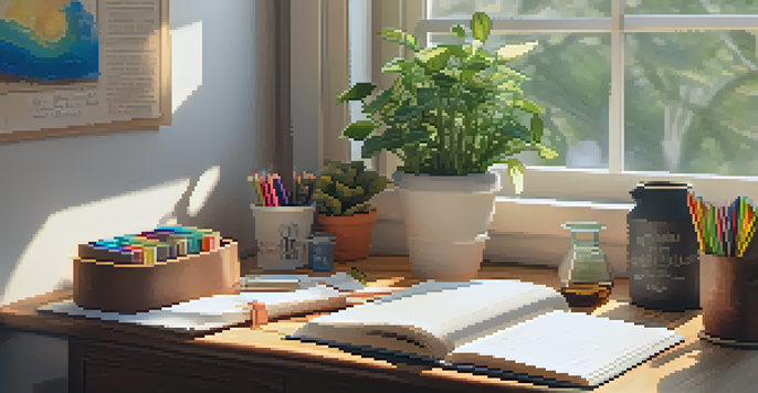 A warm and inviting writing space with a wooden desk filled with journals, colorful pens, and motivational quotes, illuminated by soft sunlight.