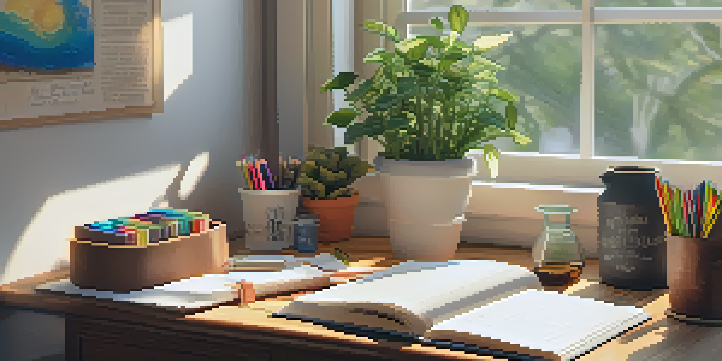 A warm and inviting writing space with a wooden desk filled with journals, colorful pens, and motivational quotes, illuminated by soft sunlight.