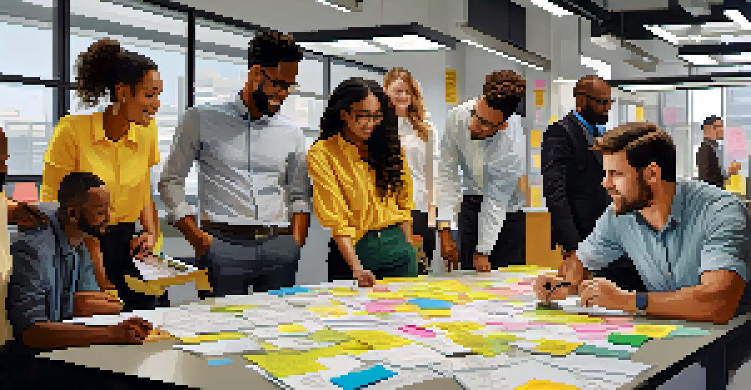 A diverse team of people brainstorming in a modern office, surrounded by sticky notes and sketches, embodying a collaborative spirit.