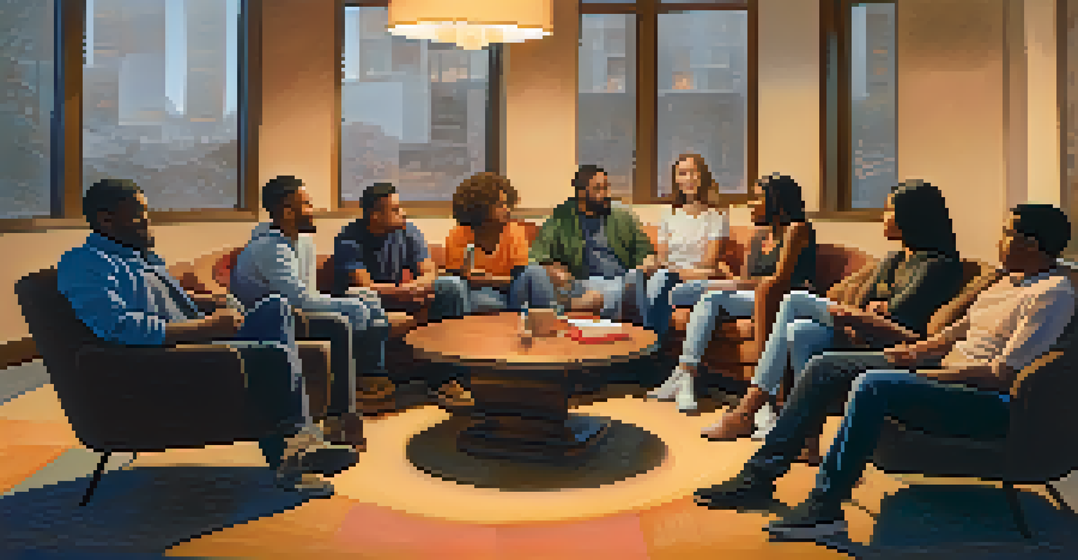 A diverse group of people sitting in a circle, engaging in a supportive discussion in a cozy setting.