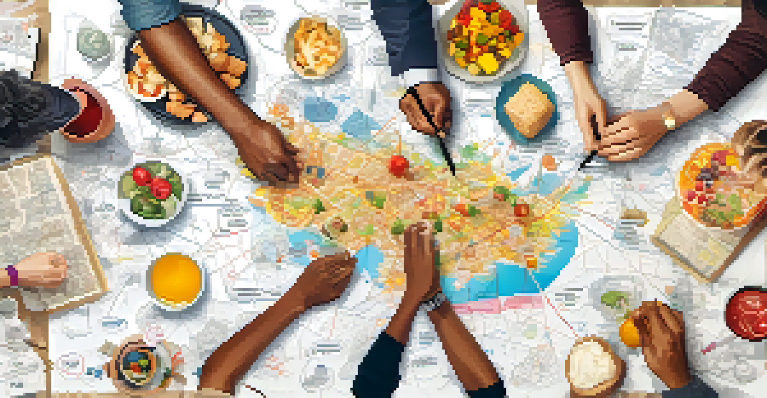 An overhead view of a group collaborating on a large mind map, with colorful ideas illustrated on paper and snacks in the background.
