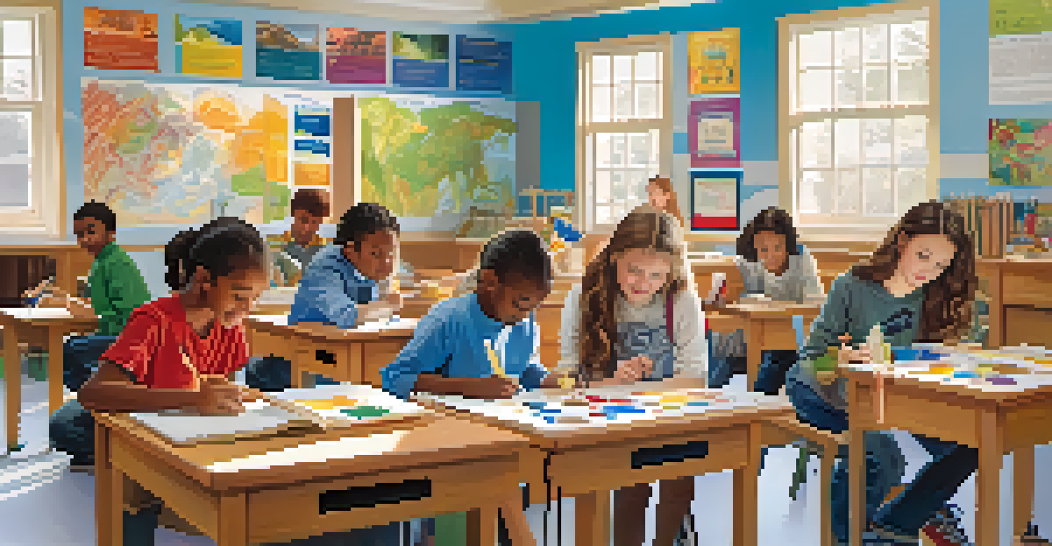 Students of various ethnicities engaged in a creative learning activity in a bright classroom filled with educational posters and natural light.