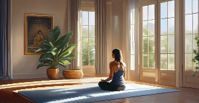 A person meditating in a calm indoor space with plants and warm sunlight.