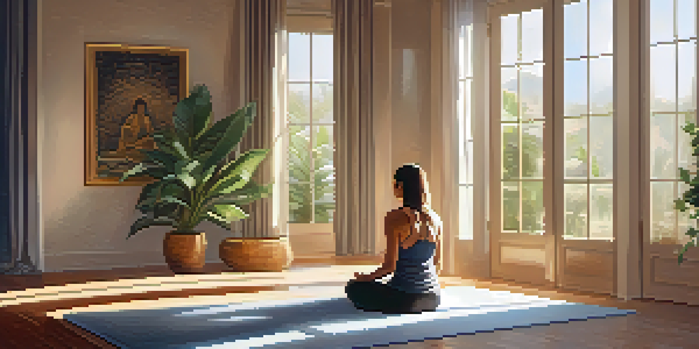 A person meditating in a calm indoor space with plants and warm sunlight.