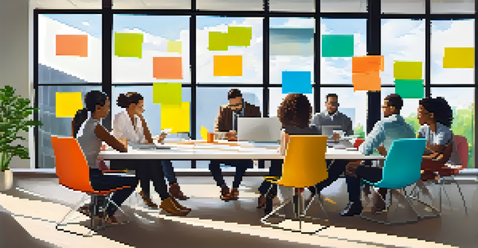 A diverse group of team members engaged in a collaborative meeting in a bright office, discussing ideas around a large table filled with laptops and colorful notes.