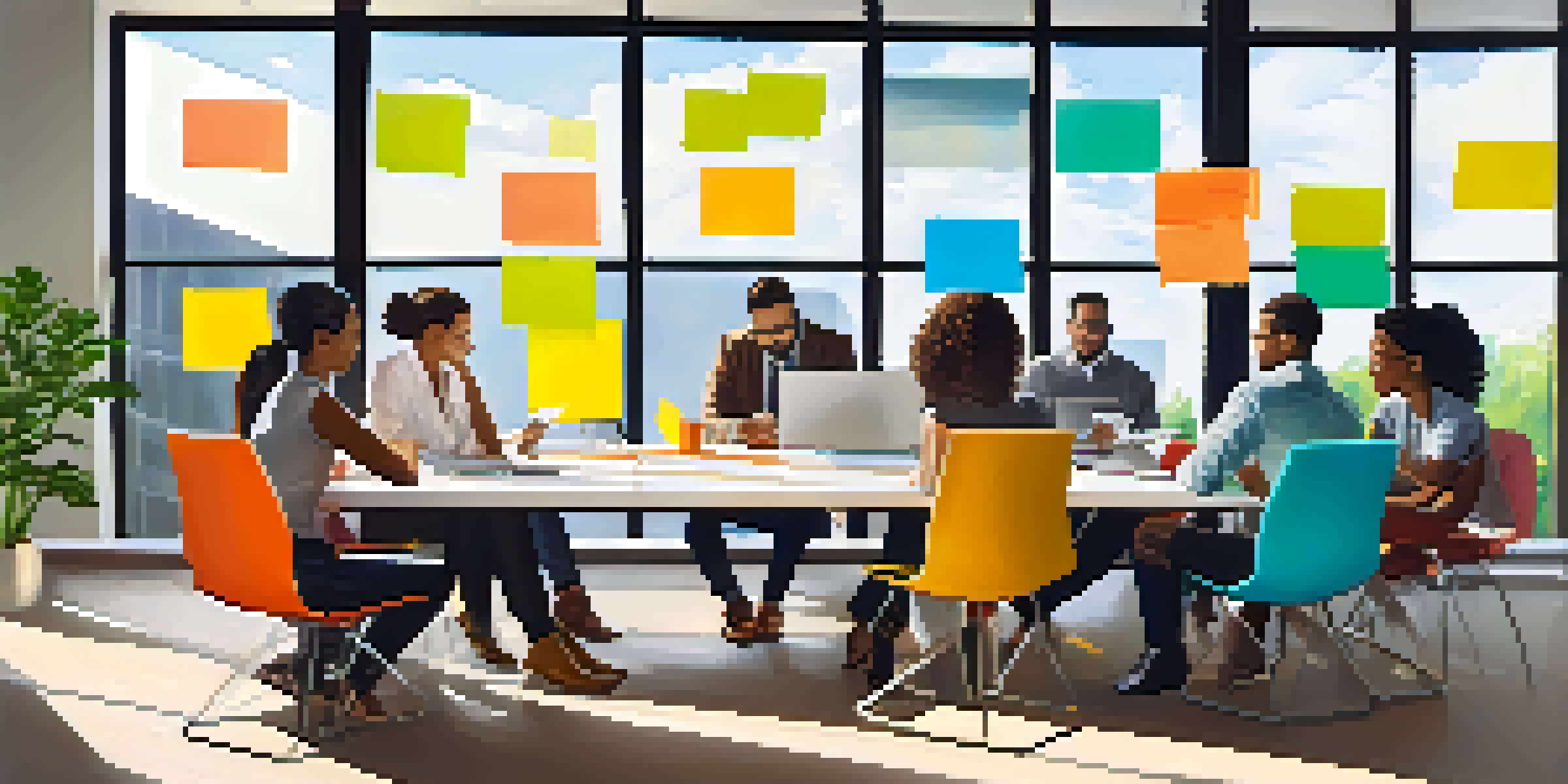 A diverse group of team members engaged in a collaborative meeting in a bright office, discussing ideas around a large table filled with laptops and colorful notes.