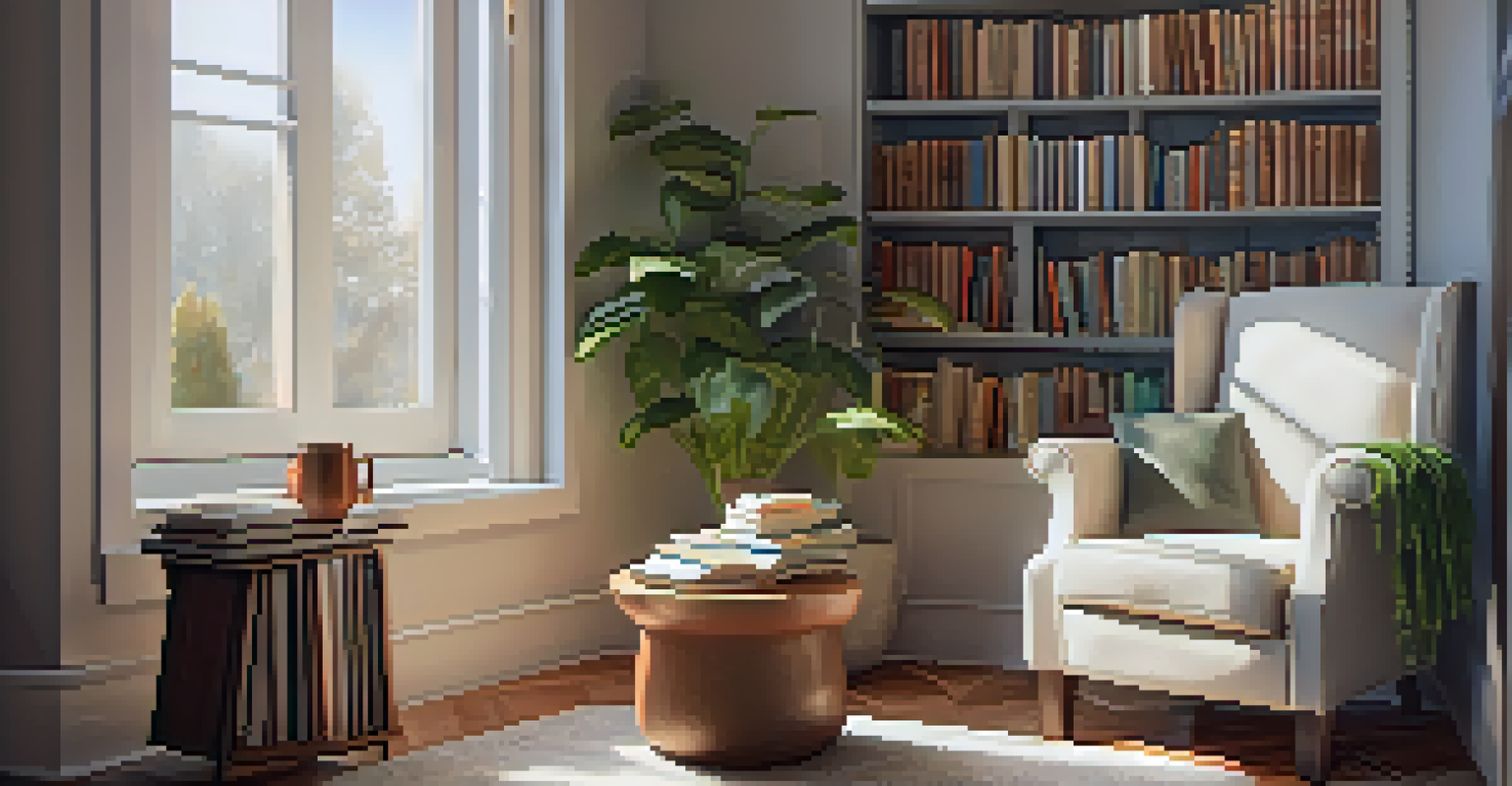 A comfortable reading space with an armchair, a cup of tea, books, and a potted plant by a sunlit window.
