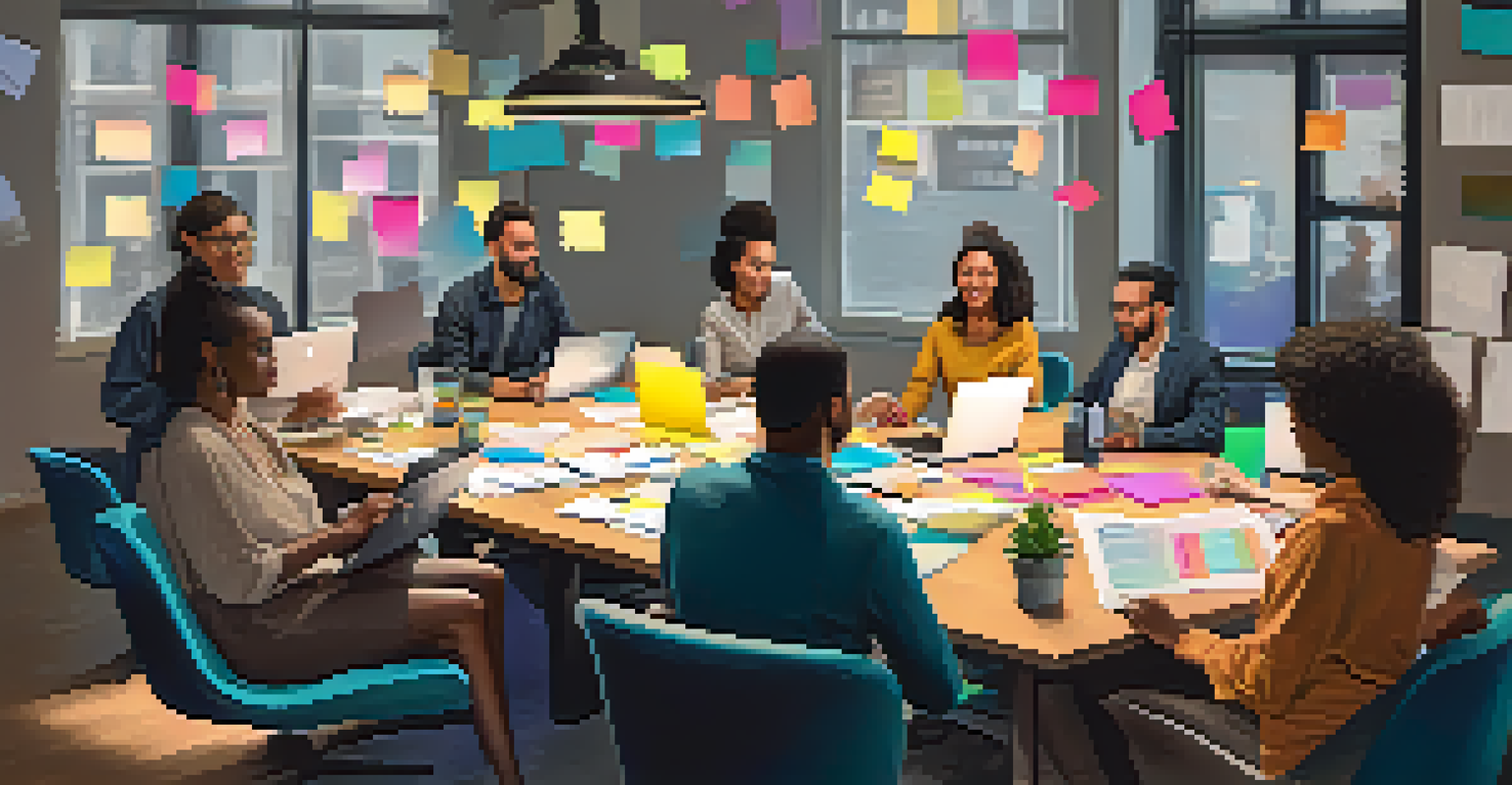 A diverse group of individuals working together in a modern workspace, discussing goals and progress around a large table.