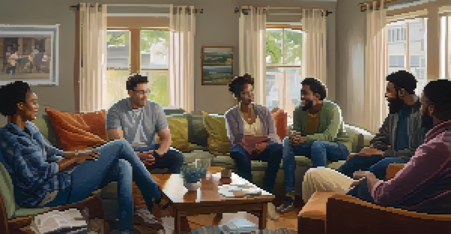 A diverse group of people in a cozy living room having a supportive discussion, showcasing warmth and camaraderie.