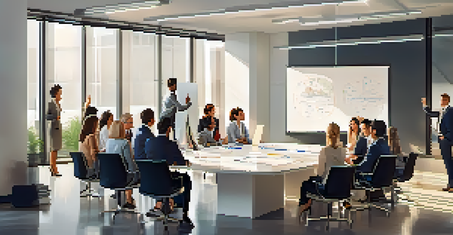 A diverse team meeting in a modern office, with a leader speaking empathetically to encourage collaboration.