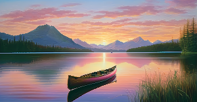 A peaceful lake at sunrise, surrounded by green forests and mountains, with a canoe floating on the water.