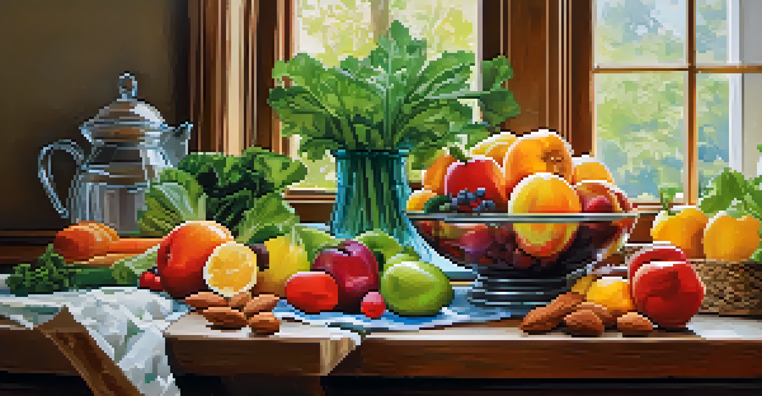 A kitchen table filled with fresh fruits, vegetables, and almonds, under natural light, highlighting the connection between nutrition and well-being.