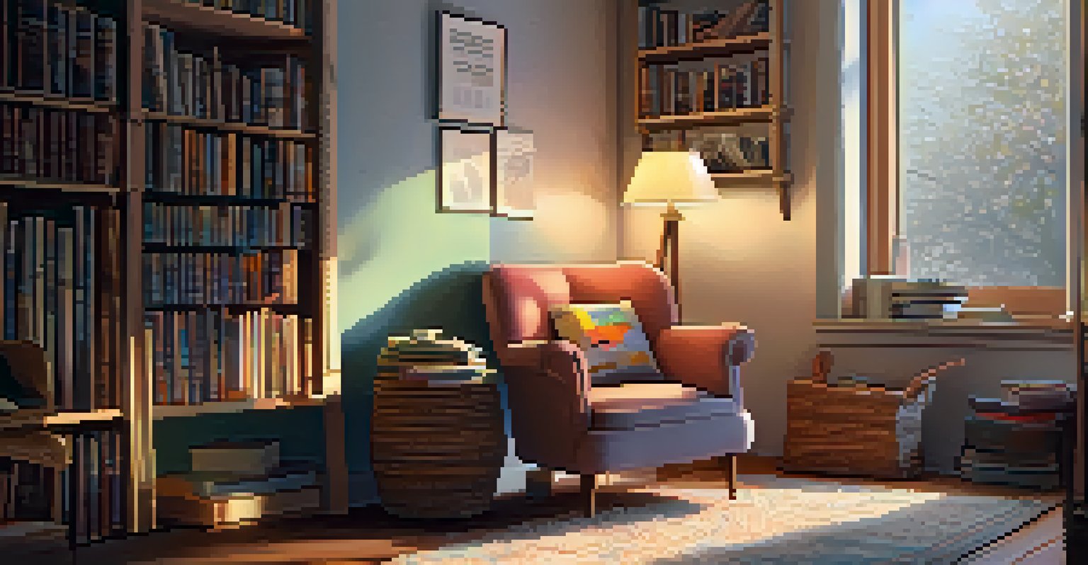 A cozy reading nook featuring a chair, bookshelf, and warm lighting from a window.