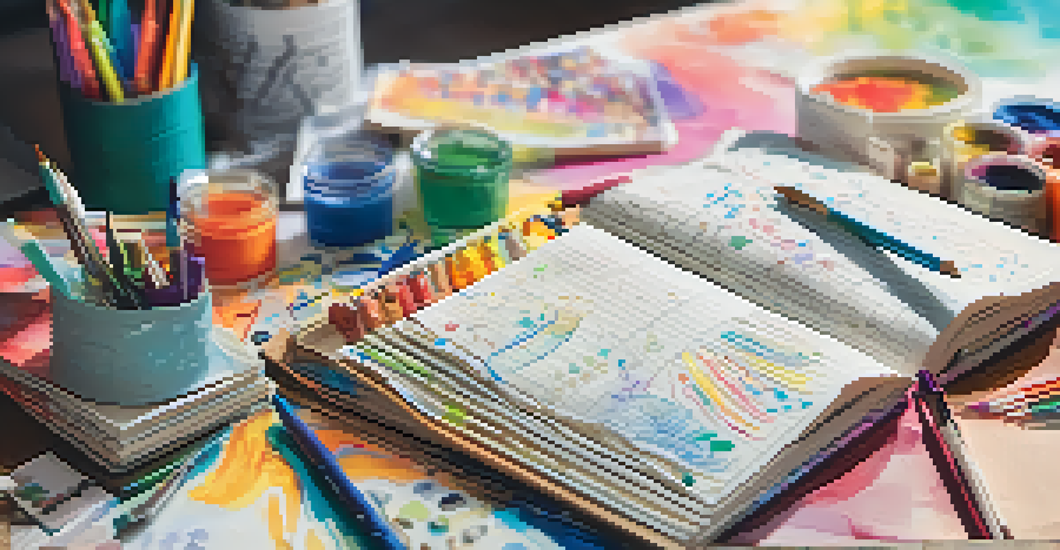 A close-up of a hand writing in a colorful journal surrounded by art supplies.