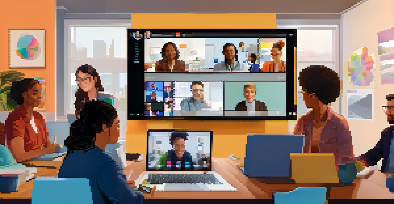 A virtual meeting with diverse participants displayed on a computer screen, showing collaboration from home offices.