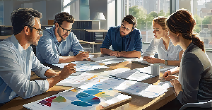 A diverse team of professionals discussing in a bright office, showcasing teamwork and emotional intelligence.