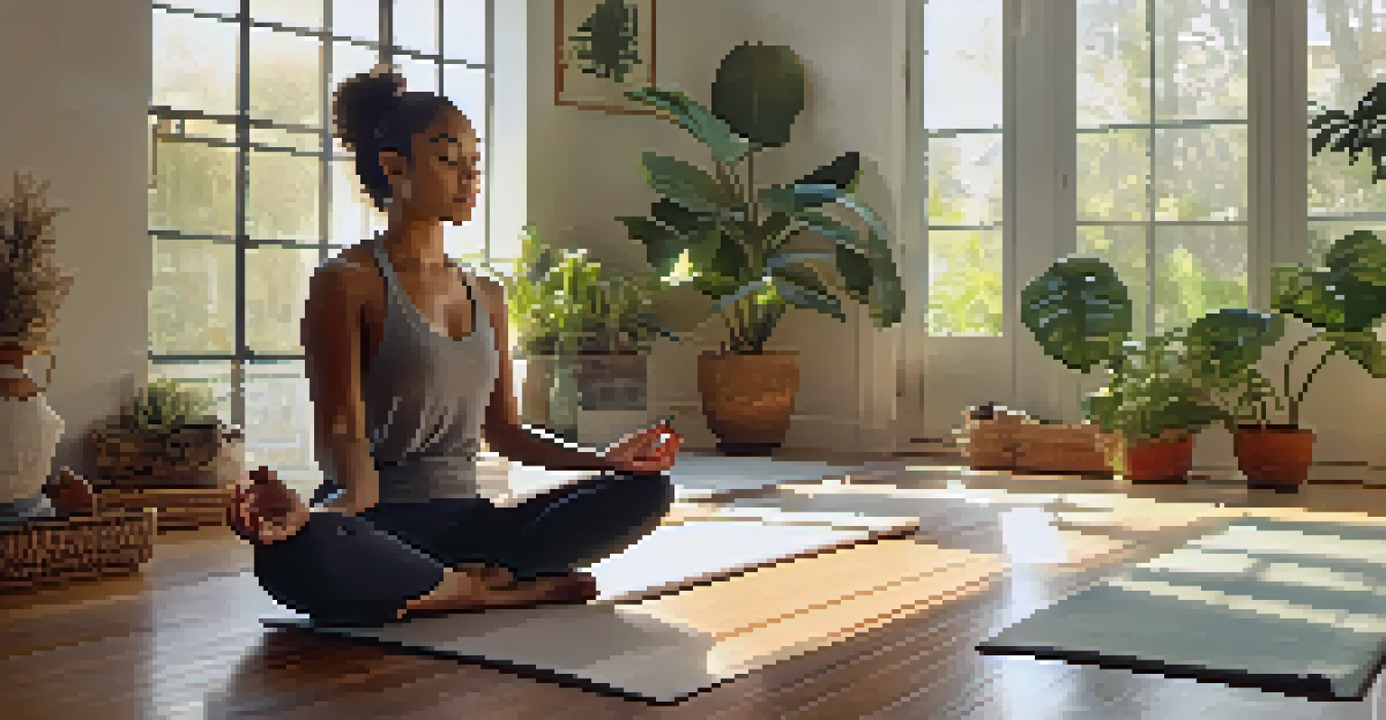 A person meditating in a sunlit room, surrounded by plants and calming decor.