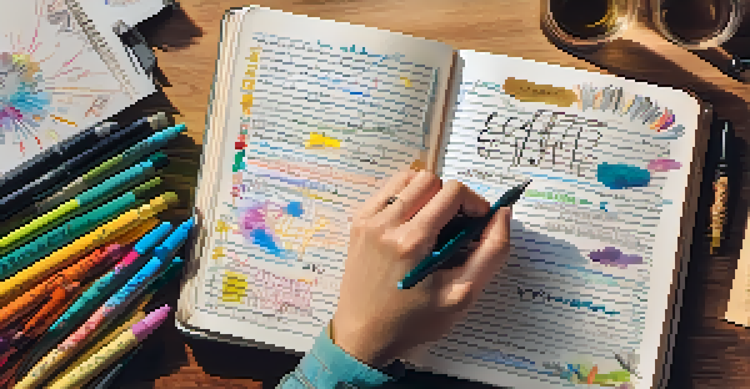 A close-up of a hand writing in a journal with colorful pens, showcasing a vision statement and sketches on the page.