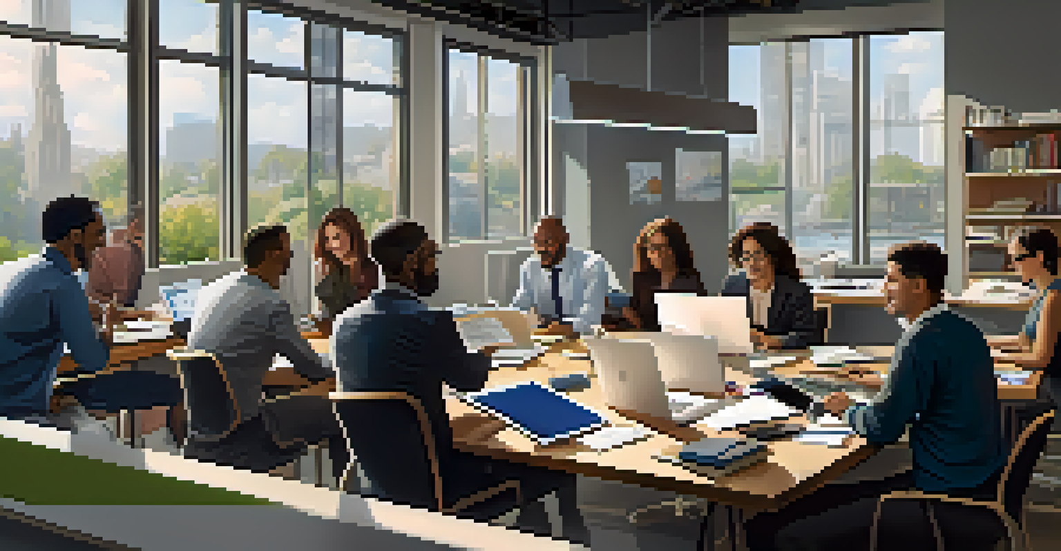 A diverse group of professionals collaborating in a bright office space filled with laptops and notebooks.