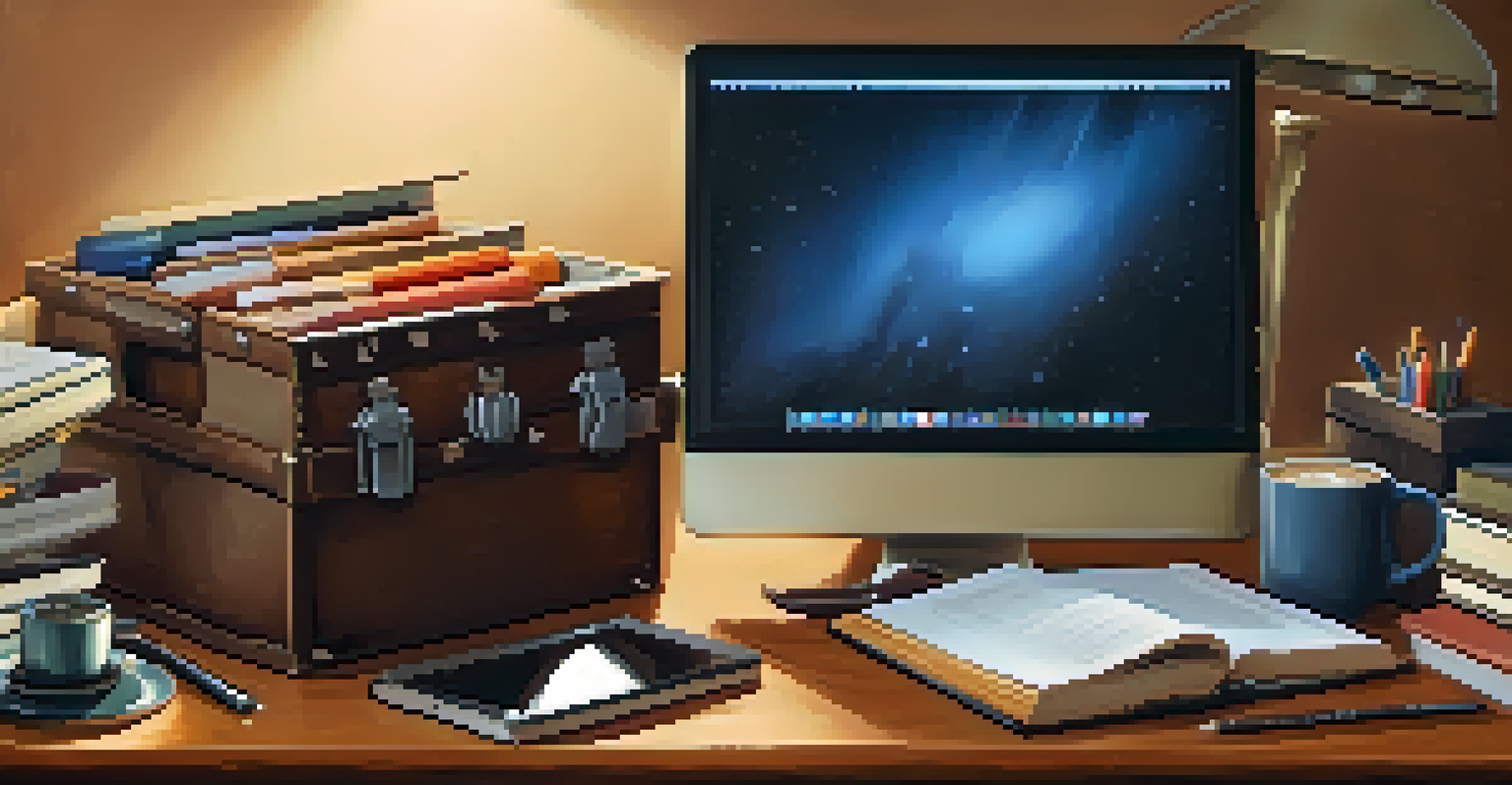 A toolbox filled with books, a laptop, and a coffee cup, symbolizing resources for self-advocacy.