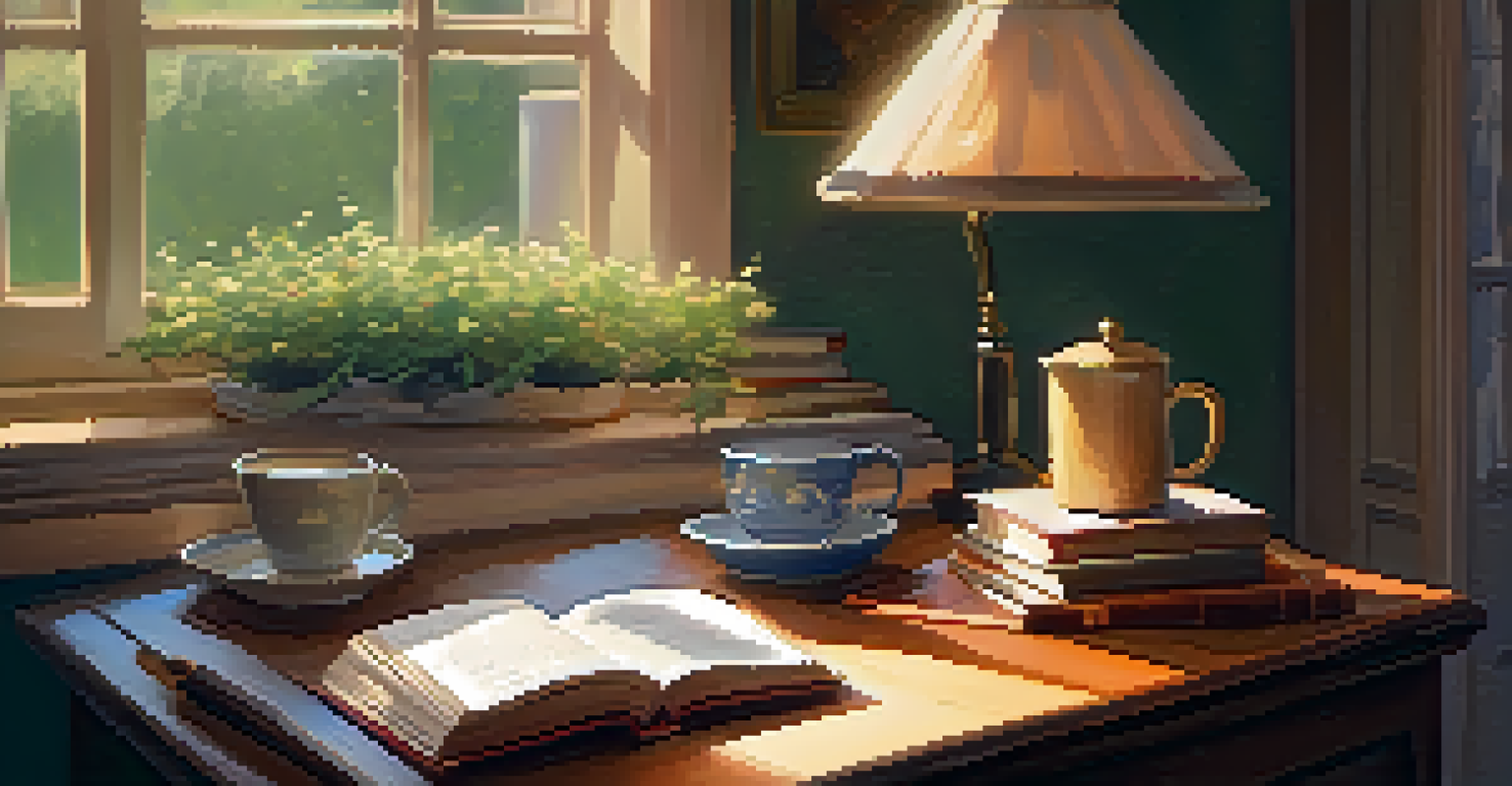 A cozy reading nook with books, a cup of tea, and a notepad, representing reflection on goals and celebrating small wins in a warm atmosphere.