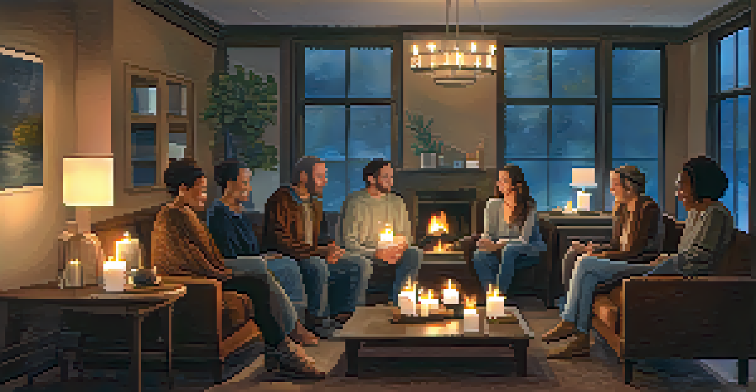 A cozy indoor gathering of community members sharing stories, with candles and cushions creating an inviting atmosphere.