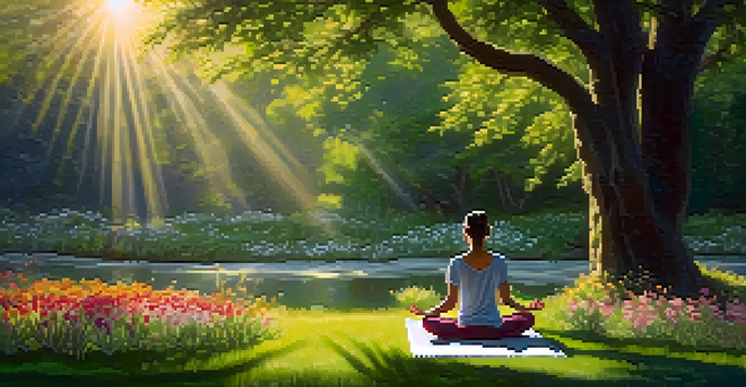A person practicing yoga in a green park at sunrise, surrounded by flowers and a stream.