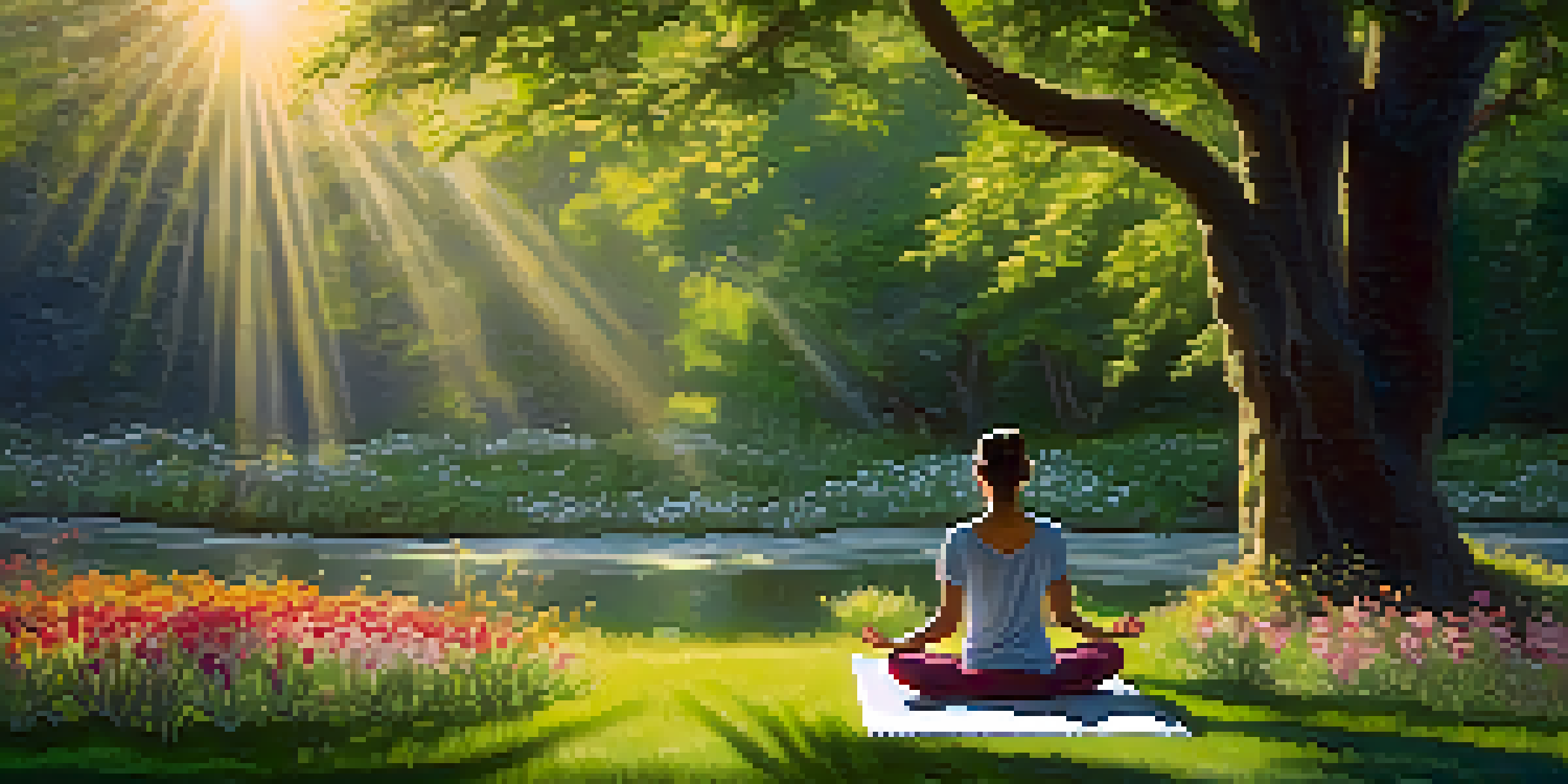 A person practicing yoga in a green park at sunrise, surrounded by flowers and a stream.