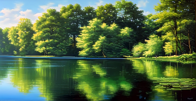 A peaceful lake with lush green trees and a clear blue sky reflecting in the water.