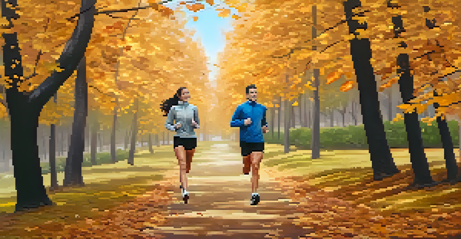 Two friends jogging on a scenic path surrounded by autumn leaves, demonstrating motivation and support in fitness.