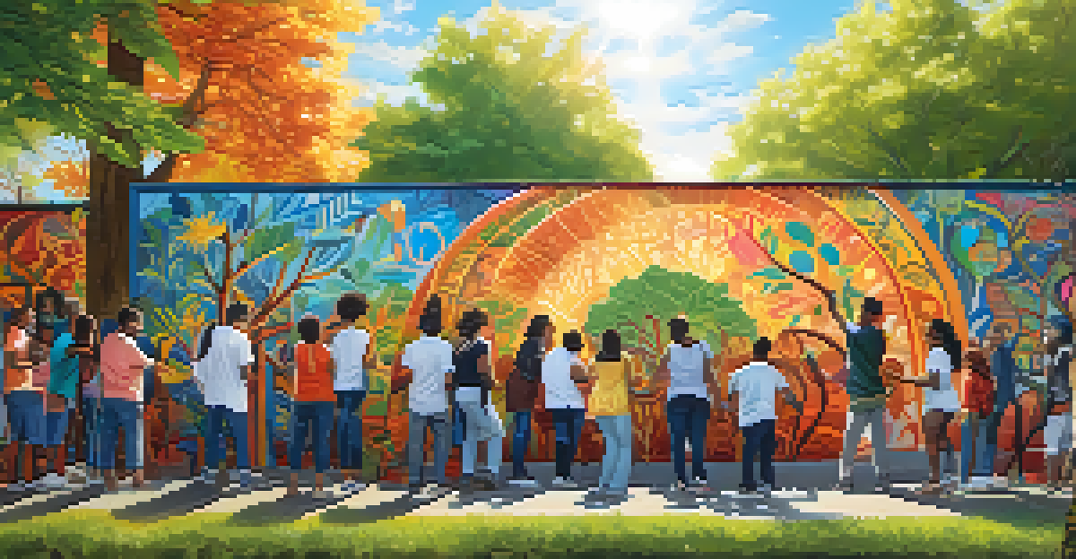 A diverse group of people collaboratively painting a large mural in a park, showcasing bright colors and cultural symbols.