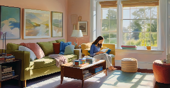 A parent and child sitting in a bright living room, having a heartfelt conversation surrounded by children's books and warm sunlight.
