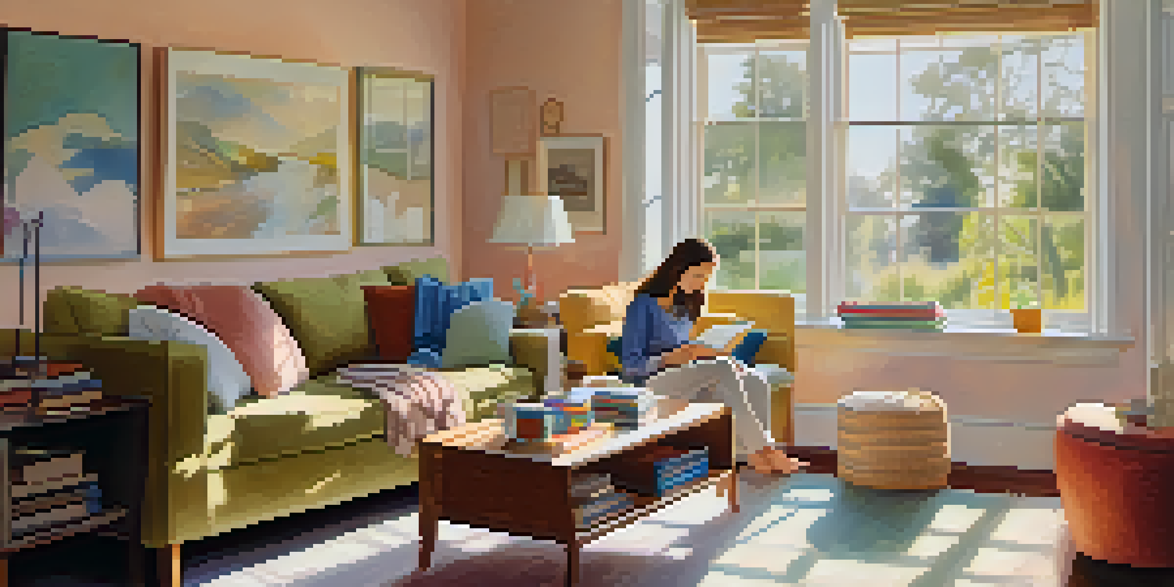 A parent and child sitting in a bright living room, having a heartfelt conversation surrounded by children's books and warm sunlight.